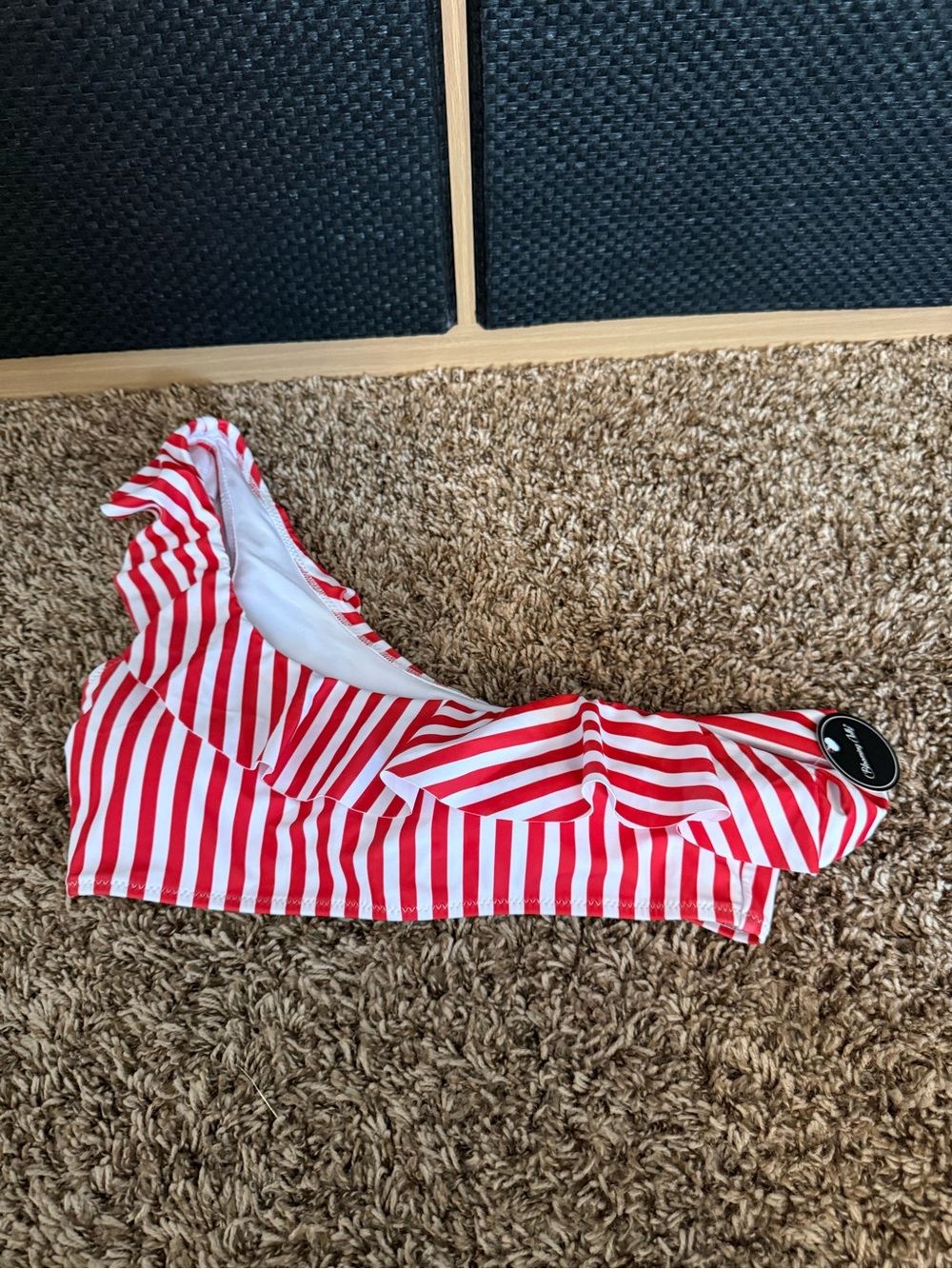 Red and White Striped One-Shoulder Bikini Top